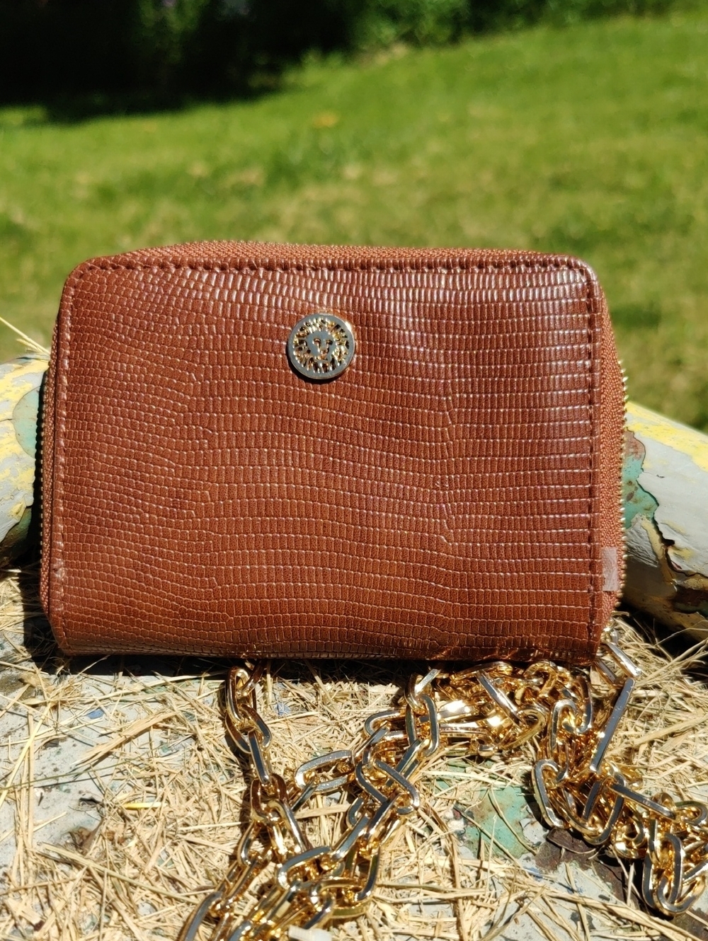 Anne Klein Brown Lizard-Texture Crossbody Wallet with Gold Chain